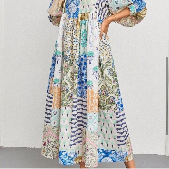 BLUE BOHO WOMEN’S LANTERN SLEEVE V NECK TIE POCKETS PATCHWORK PRINT MAXI DRESS - Picture 3 of 6